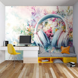 Creative studio space with musical floral wallpaper creating an artistic atmosphere