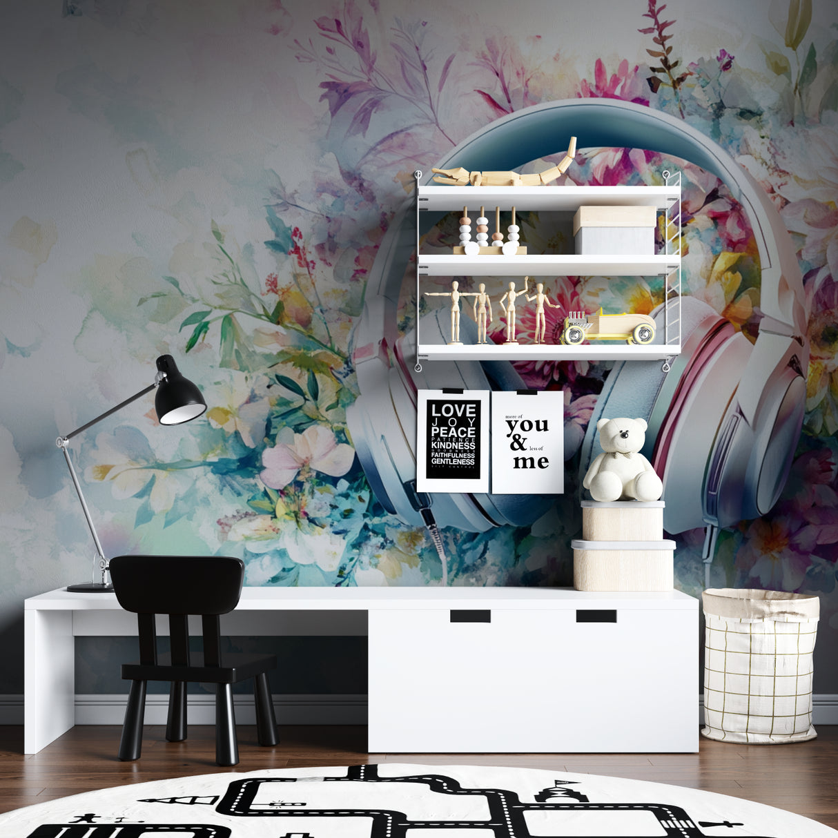 Girl's bedroom with watercolor music theme wallpaper and matching decor