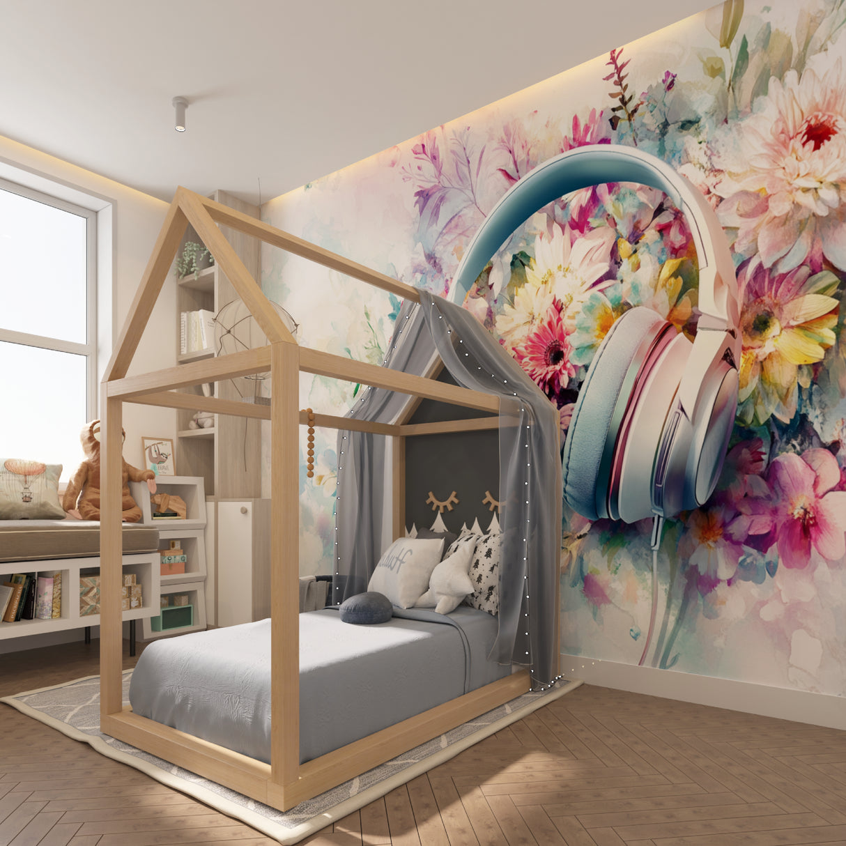 Home office featuring floral music wallpaper in soft watercolor tones