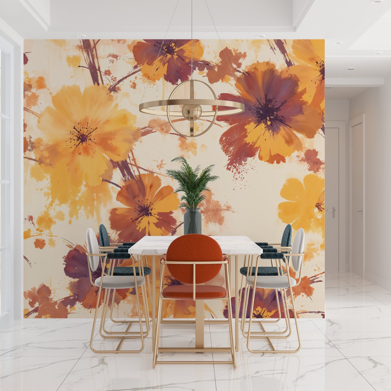 Watercolor floral wallpaper with orange autumn blooms creating warmth in a modern living room