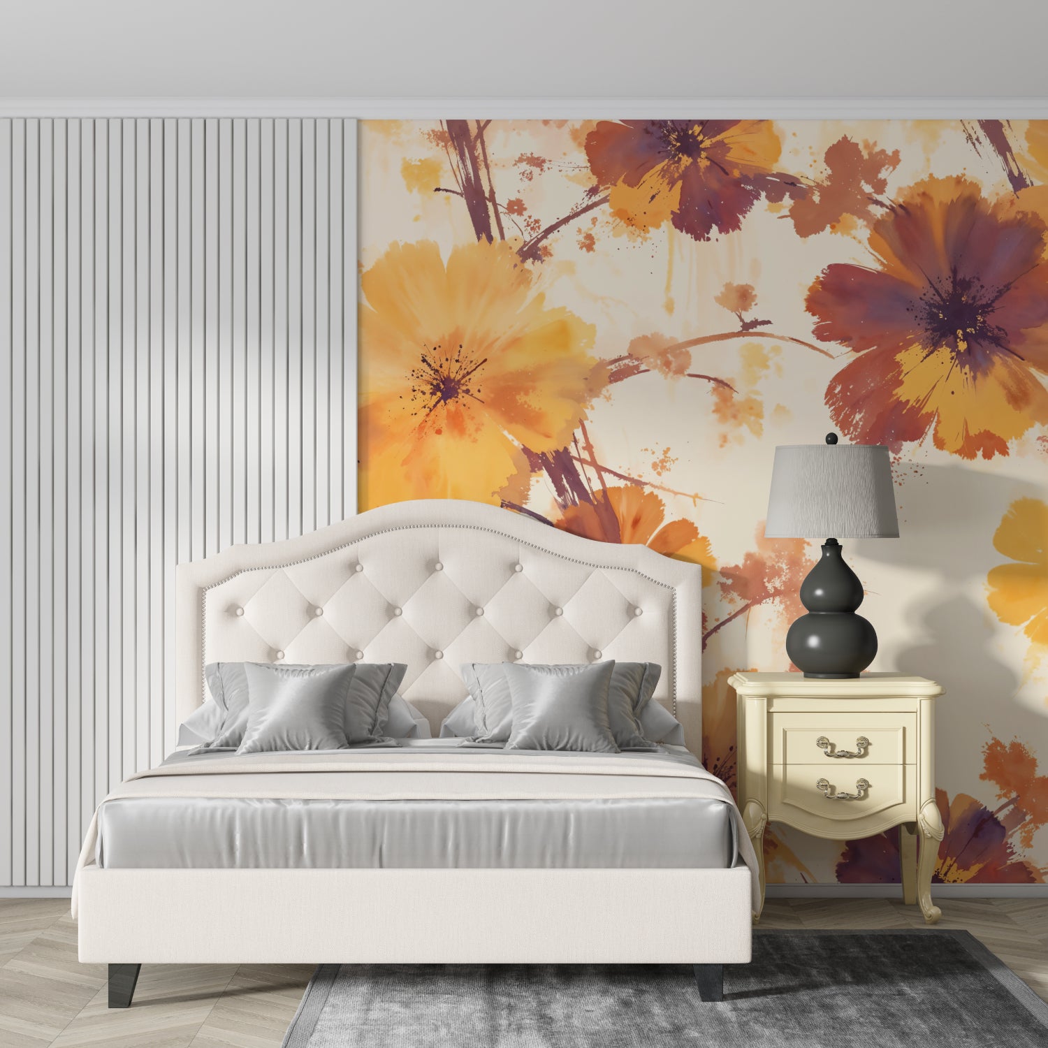 Autumn floral wall mural showcased in a cozy bedroom interior