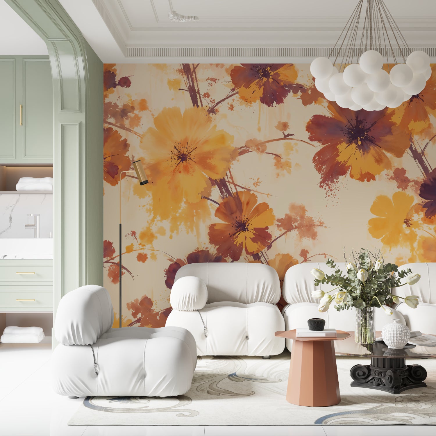 Orange watercolor blooms wallpaper featured in an elegant home office