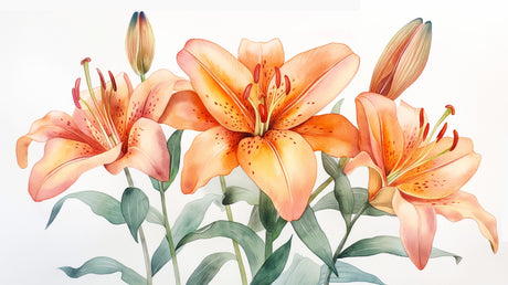 Orange lily watercolor wallpaper creating a bright, fresh focal point in a modern living room with white furniture