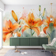 Orange lily watercolor mural wallpaper creating a stunning backdrop in a bright modern living room with natural light