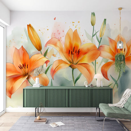 Orange lily watercolor mural wallpaper creating a stunning backdrop in a bright modern living room with natural light
