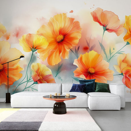 Orange Marigold floral wallpaper mural styled in bright modern living room with minimal furniture and natural light