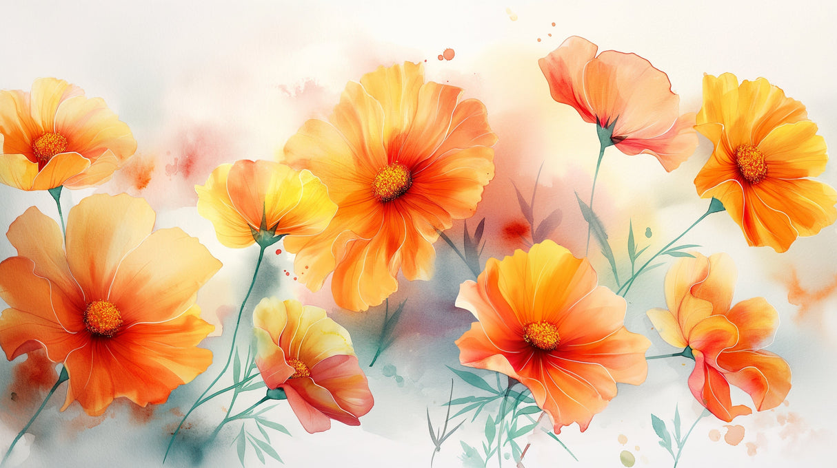 Watercolor Orange Marigolds design file showing full floral pattern with delicate brushstrokes