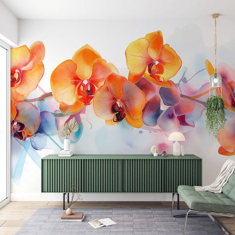 Orange Orchid Watercolor Wallpaper creating a stunning accent wall in a bright modern living room with white furniture