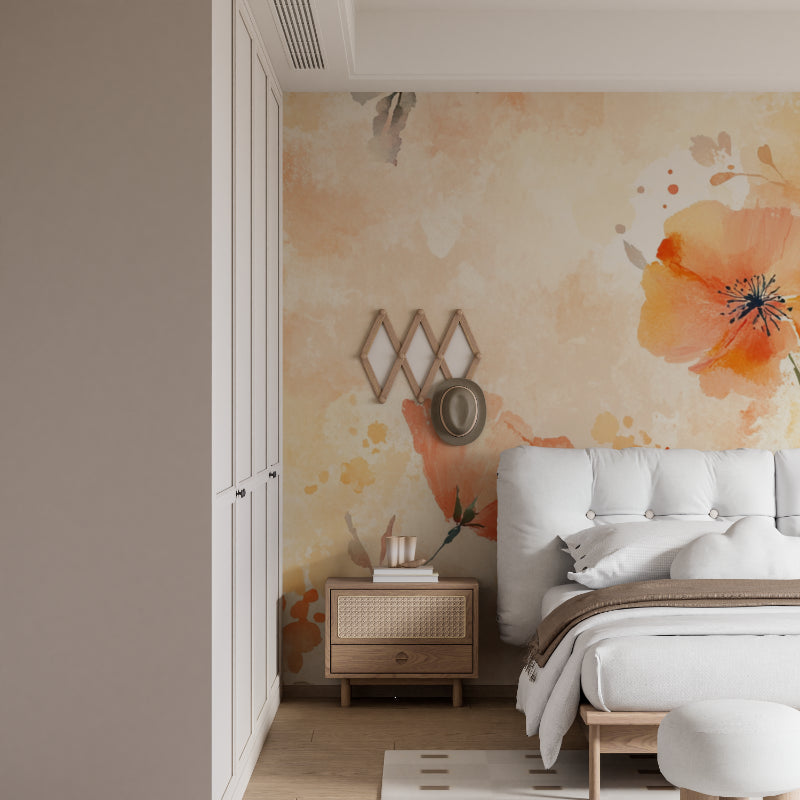 Floral Wallpaper with orange poppies brightening a home office space