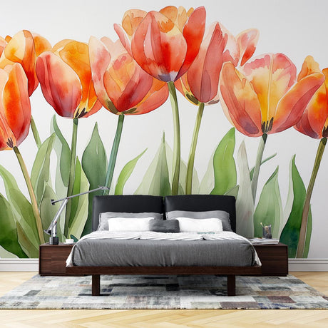 Orange tulip watercolor wallpaper mural in bright modern dining room, creating a fresh spring atmosphere