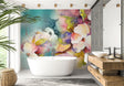 Watercolor floral wallpaper in bright modern living room creating peaceful atmosphere