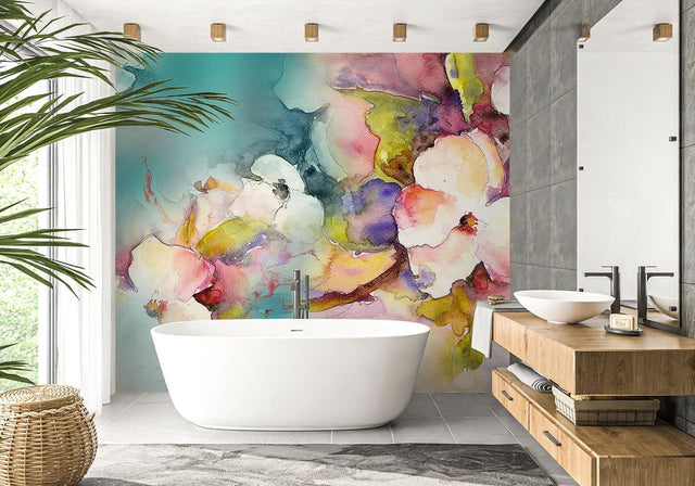 Watercolor floral wallpaper in bright modern living room creating peaceful atmosphere