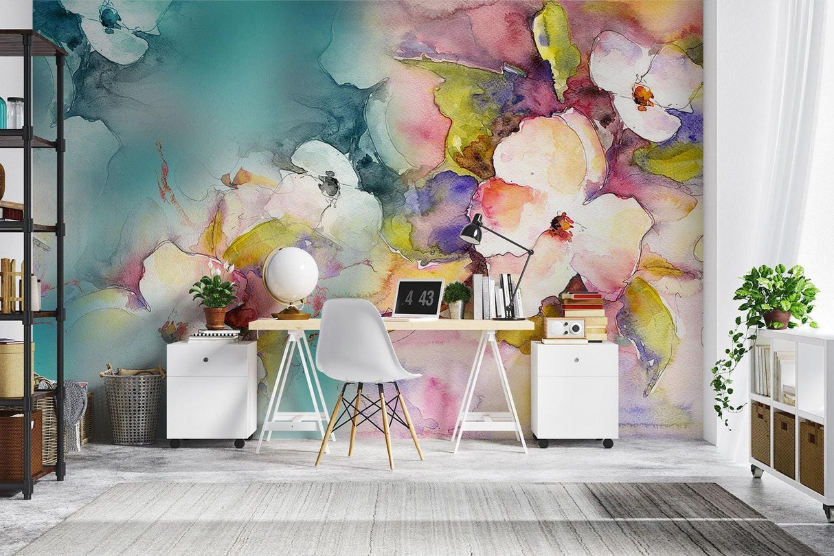 Pastel flower wall mural in cozy bedroom setting with natural light