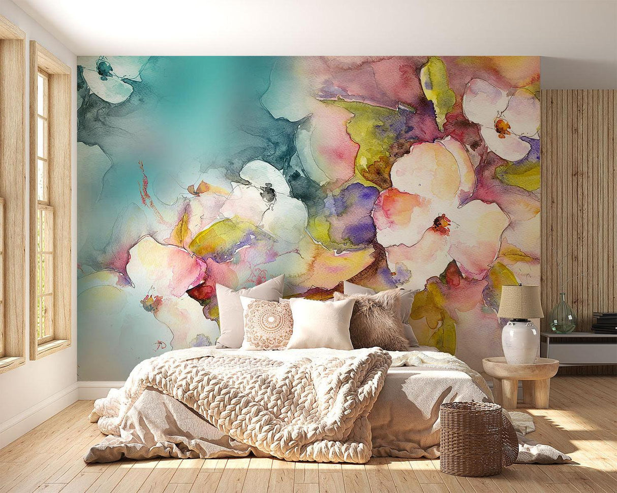 Botanical wallpaper mural in home office showing soft color transitions