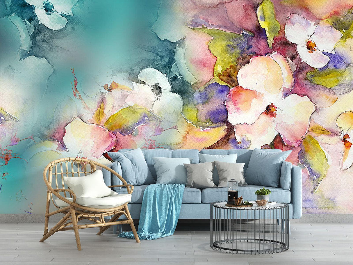 Floral wall mural in dining room with morning light highlighting watercolor effects