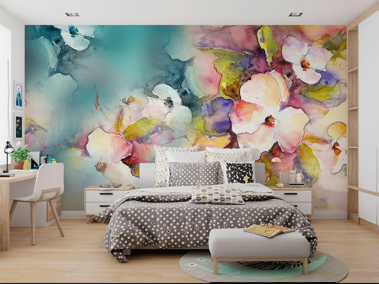 Watercolor flower mural in nursery showing gentle pastel tones
