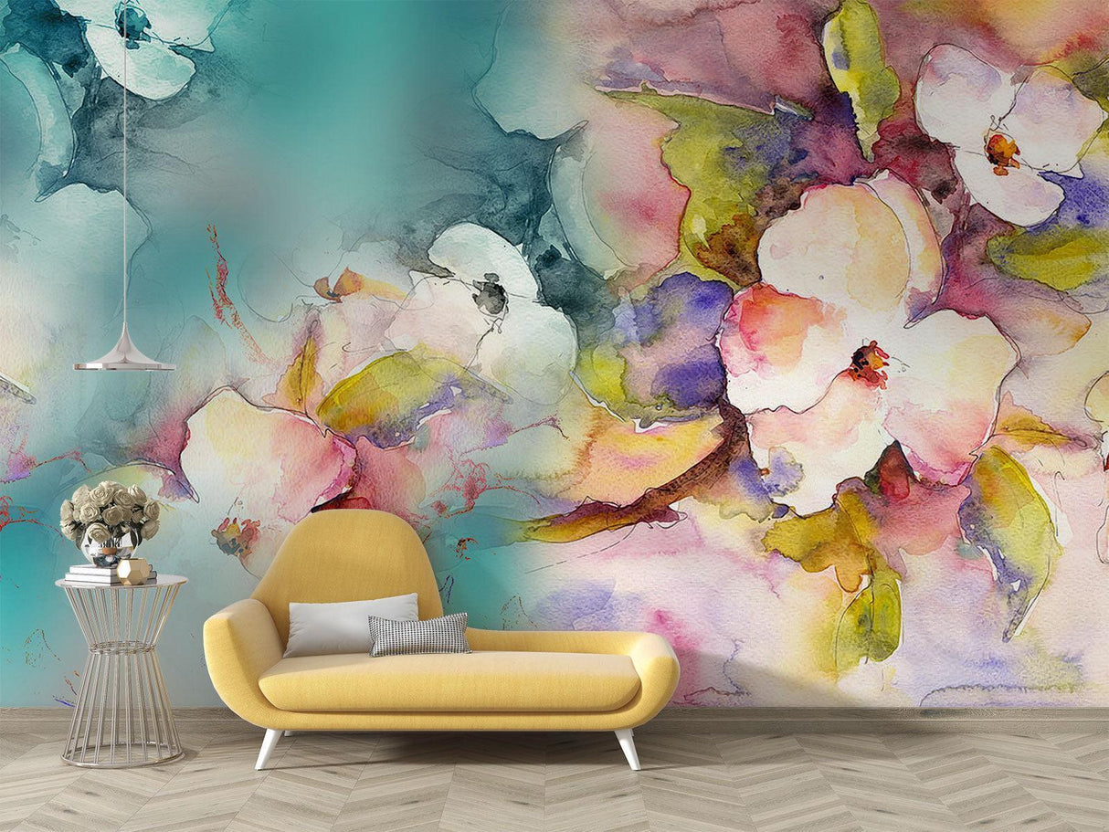 Botanical wall design in entrance hall creating welcoming atmosphere