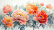 Watercolor Peony floral wallpaper mural creating a soft, peaceful atmosphere in a bright modern living room