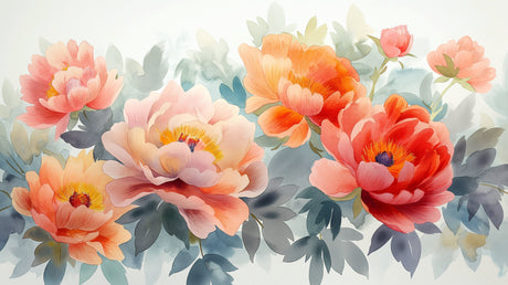 Watercolor Peony floral wallpaper mural creating a soft, peaceful atmosphere in a bright modern living room