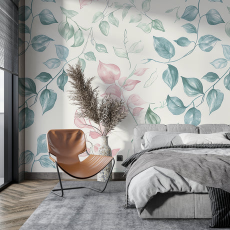 Watercolor floral wallpaper in modern living room showing pink and blue leaves creating a fresh, airy atmosphere