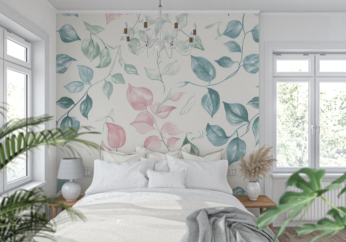 Watercolor leaf wallpaper bringing soft color to dining room walls