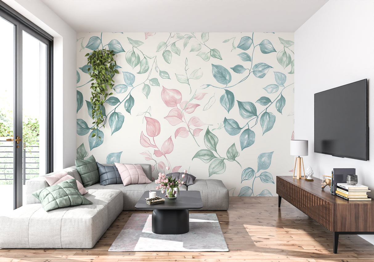 Floral wall mural in home office showing scale of pink and blue watercolor pattern