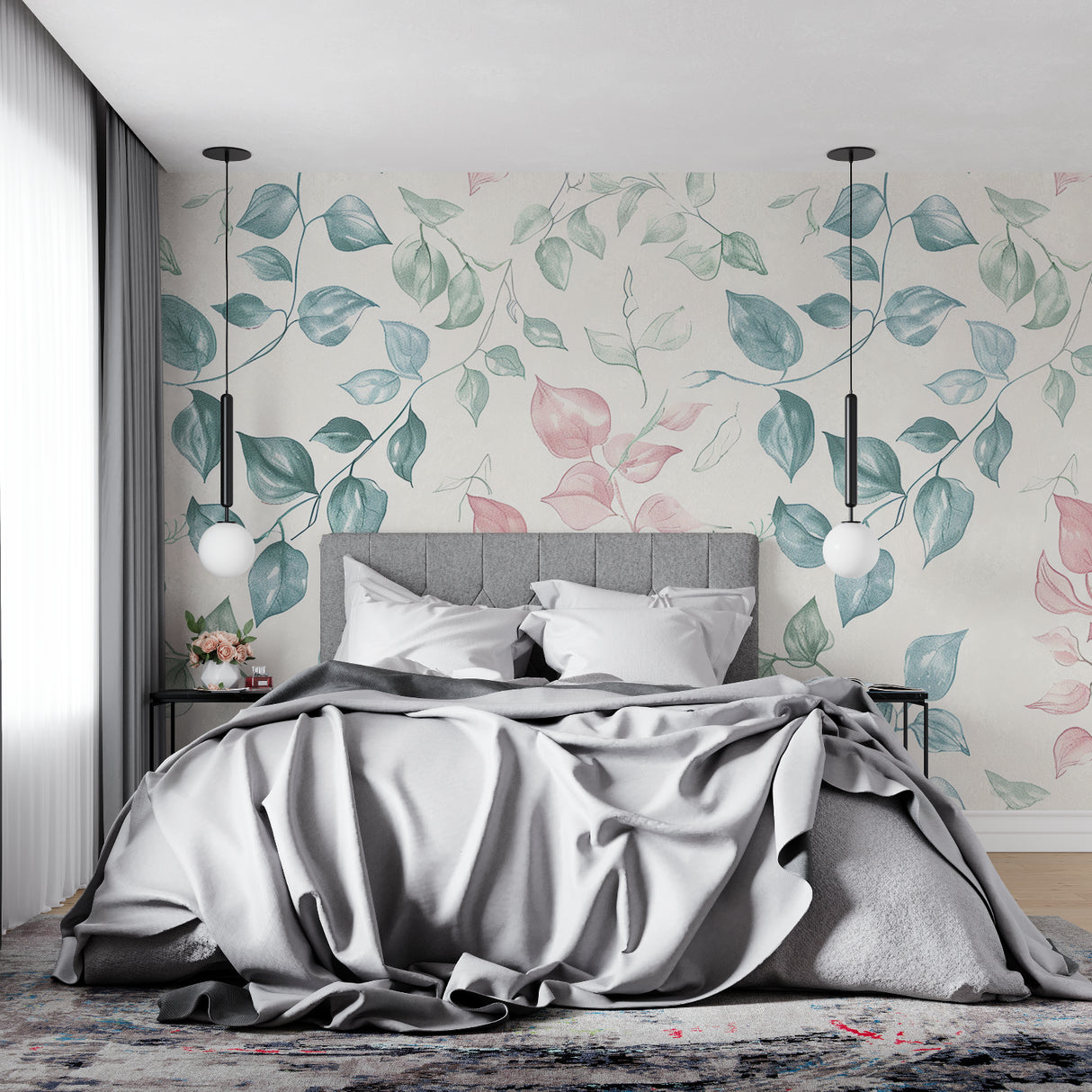 Botanical wallpaper installation in nursery with gentle pink and blue tones