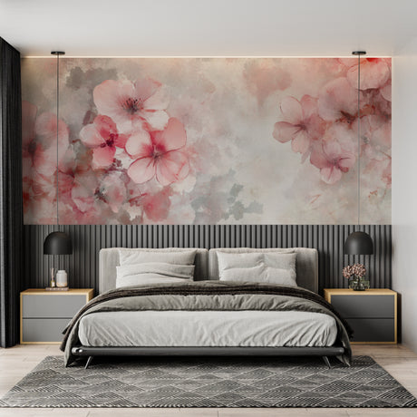 Pink watercolor floral wallpaper creating a soft, romantic atmosphere in a modern bedroom
