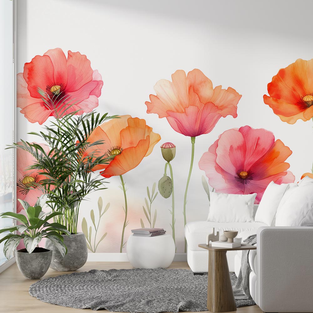 Watercolor Poppy Wallpaper creating a fresh spring mood in a bright modern living room with coral and pink floral accents