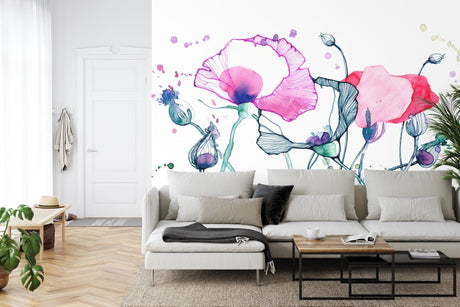 Watercolor Floral Wallpaper creating a serene atmosphere in a modern living room with soft natural light
