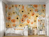 Watercolor Poppy Wallpaper creating a bright accent wall in modern living room