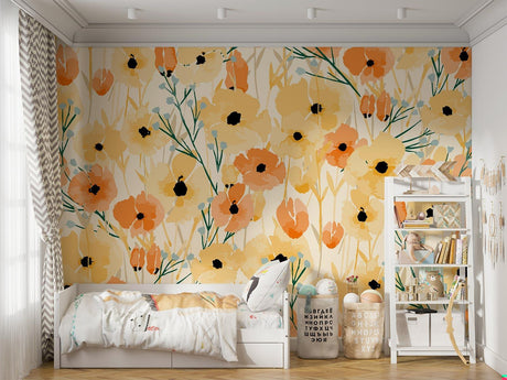 Watercolor Poppy Wallpaper creating a bright accent wall in modern living room