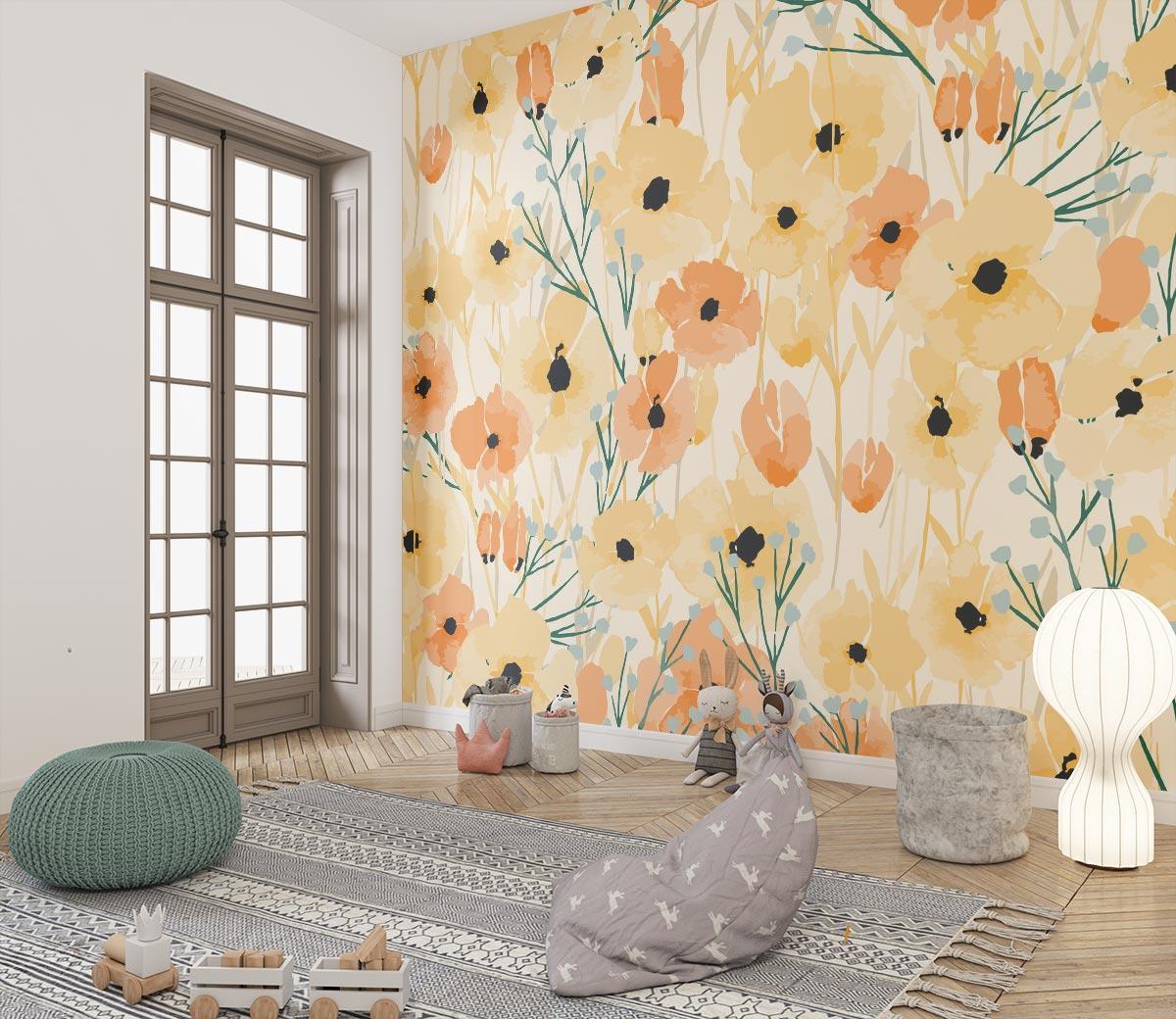 Peach and yellow Floral Wallpaper adding warmth to master bedroom