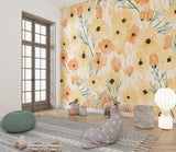Peach and yellow Floral Wallpaper adding warmth to master bedroom