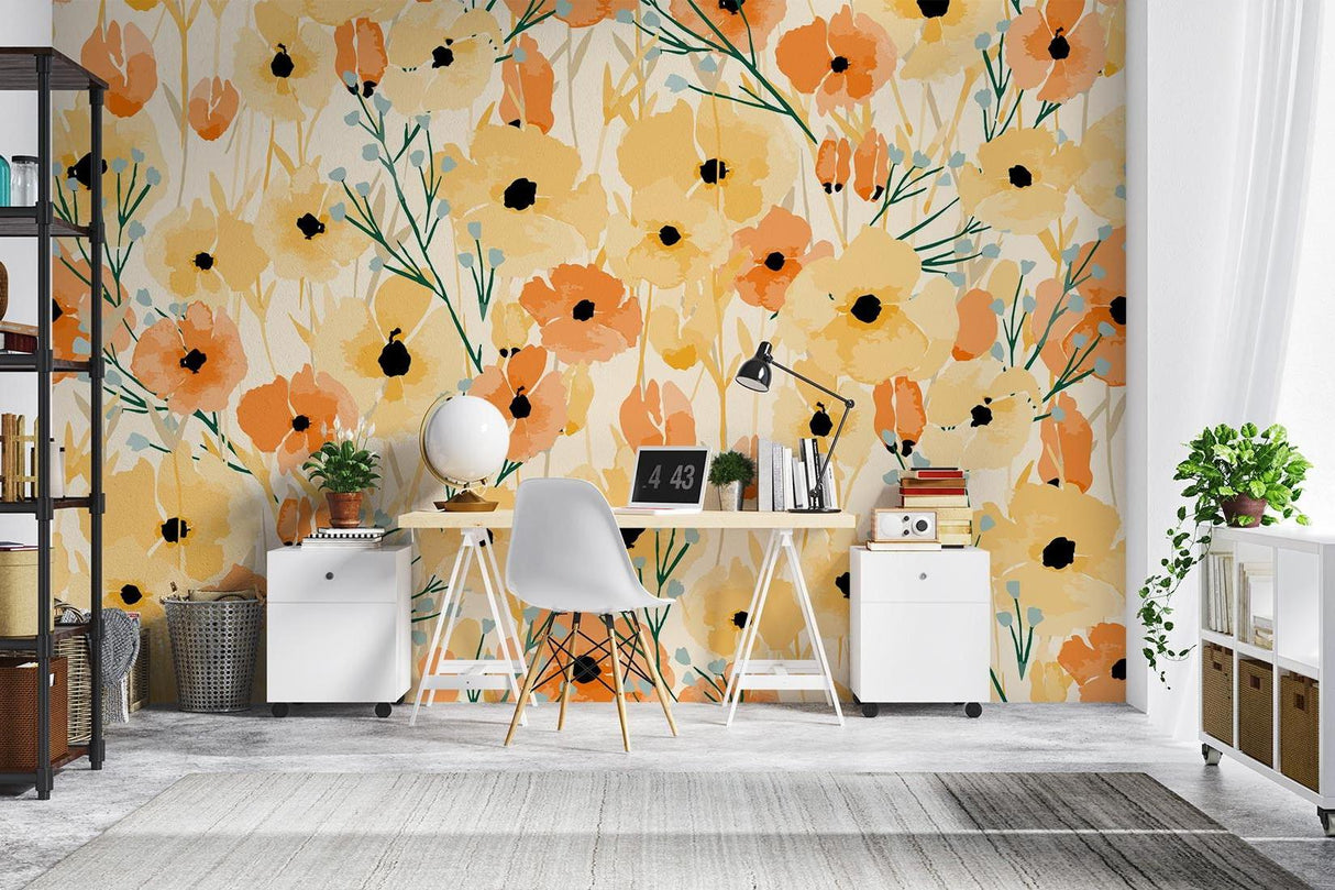 Watercolor Floral Mural brightening home office space