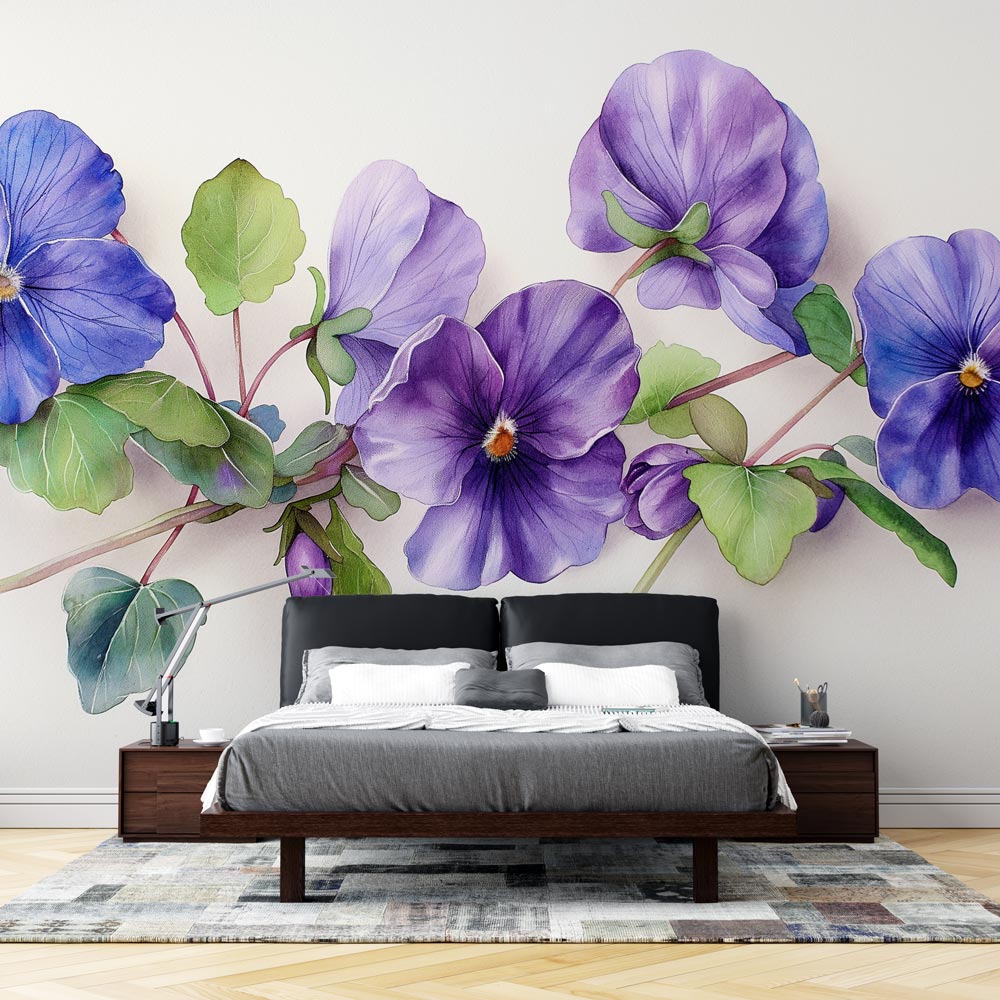 Purple pansy floral wallpaper mural styled in a bright living room with modern furniture and natural light