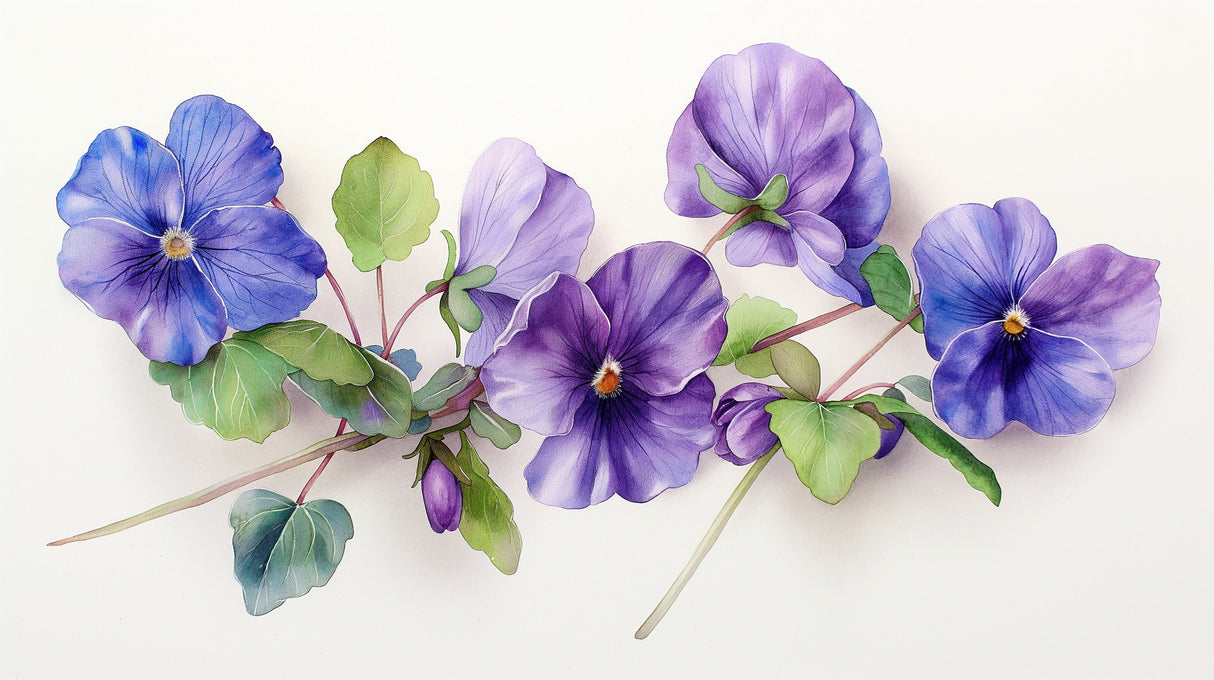 Watercolor purple pansy and green leaves design file showing intricate floral pattern details
