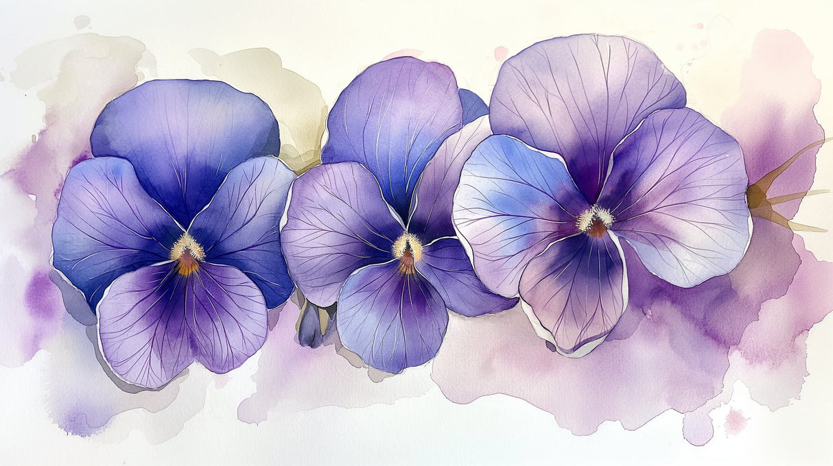 Purple violet watercolor wallpaper mural in bright modern bedroom, showing large-scale floral pattern with soft lighting