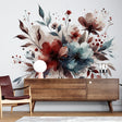 Red and blue floral wallpaper mural in modern living room with grey sofa and natural light