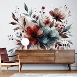 Red and blue floral wallpaper mural in modern living room with grey sofa and natural light