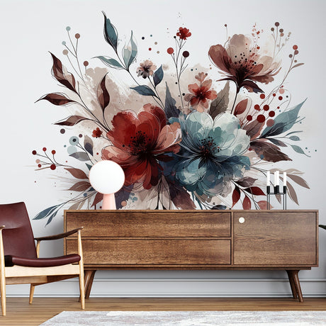 Red and blue floral wallpaper mural in modern living room with grey sofa and natural light