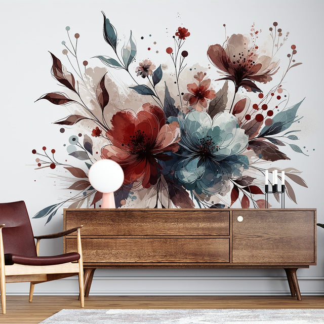 Red and blue floral wallpaper mural in modern living room with grey sofa and natural light