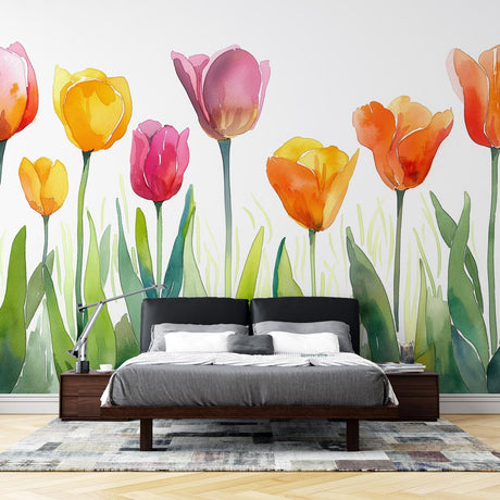 Watercolor Spring Tulips Mural brightening a modern living room with natural light streaming through windows