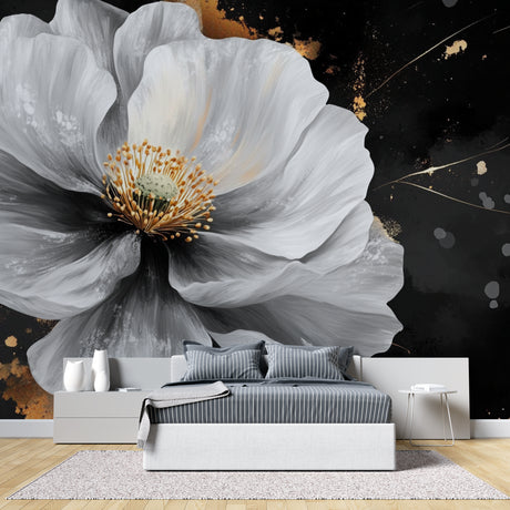 White Floral Wallpaper with gold accents in modern living room, creating an elegant atmosphere