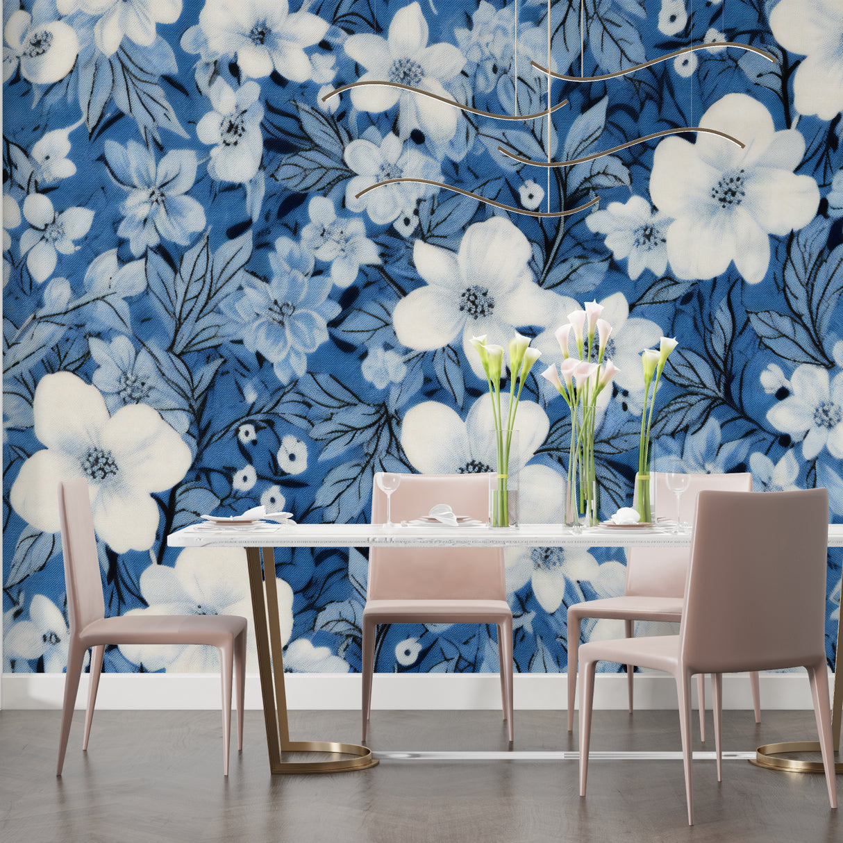 Master bedroom with elegant blue and white flower wall mural, morning light