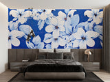 Elegant floral wallpaper transforming a dining room with royal blue and white blooms