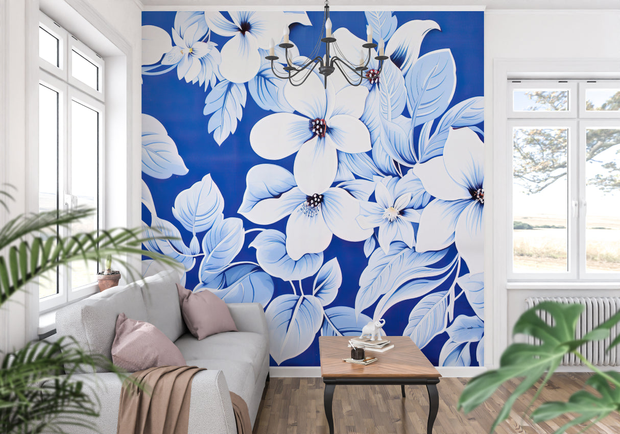 White flower wall mural making a statement in a contemporary home office