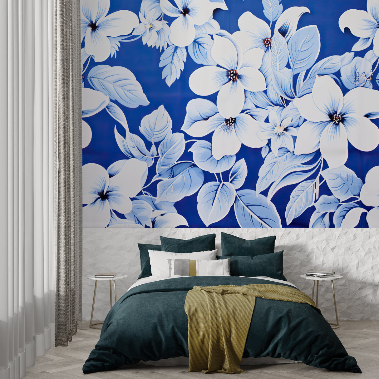 Botanical wallpaper adding sophistication to an entrance hallway with white flowers