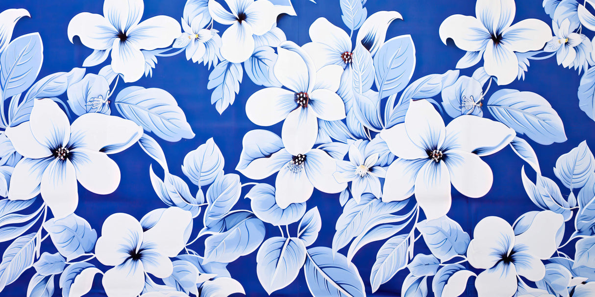 Design file showing detailed white blooms pattern on royal blue background