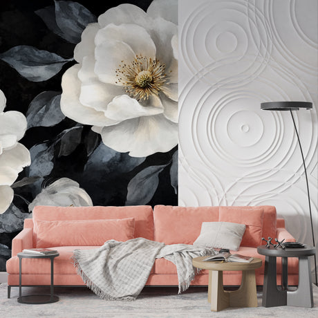 White floral wallpaper mural in modern living room with grey sofa and natural light